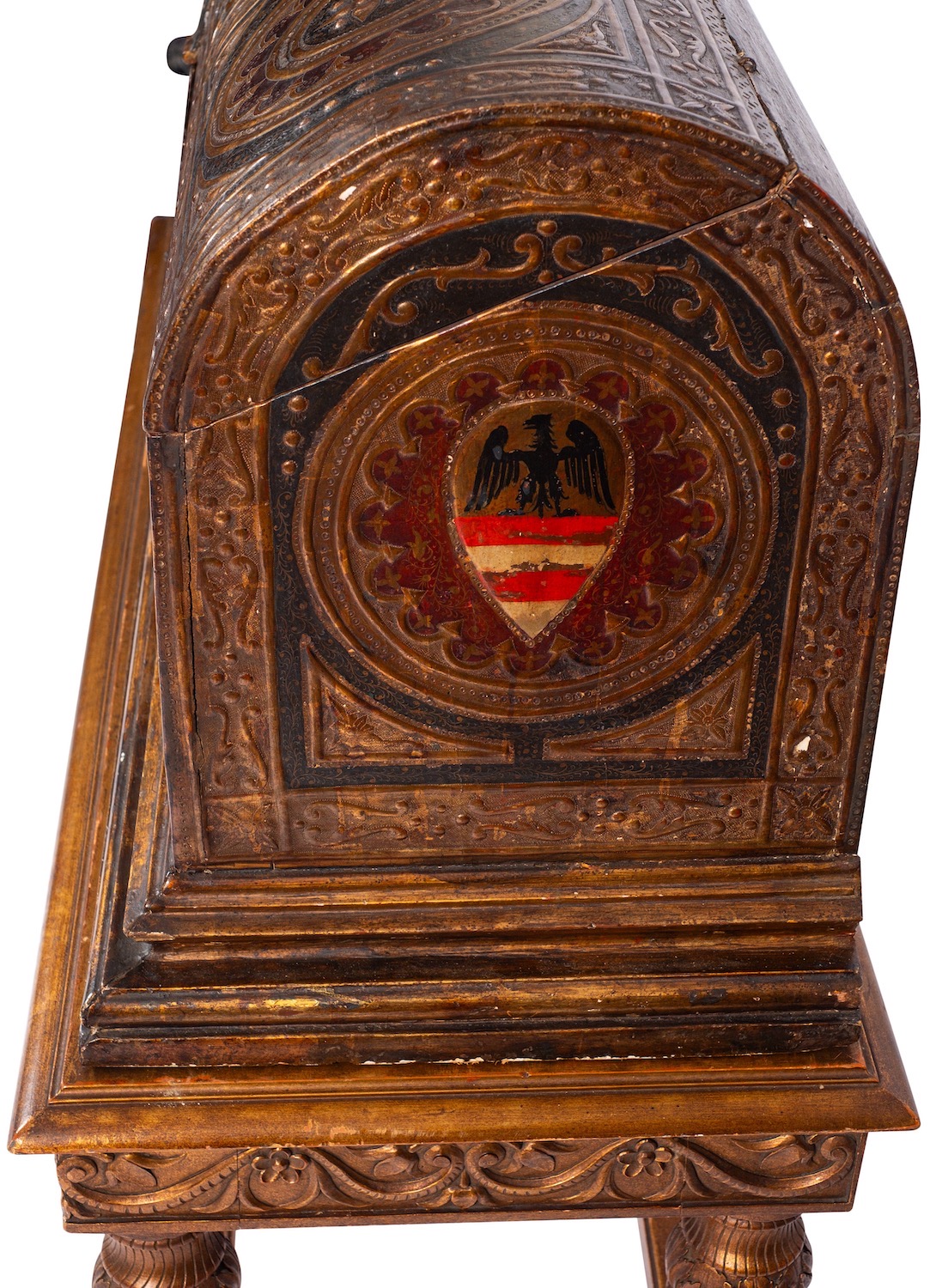 An Austrian painted and parcel gilt marriage coffer on stand, in Renaissance style, - Image 4 of 4