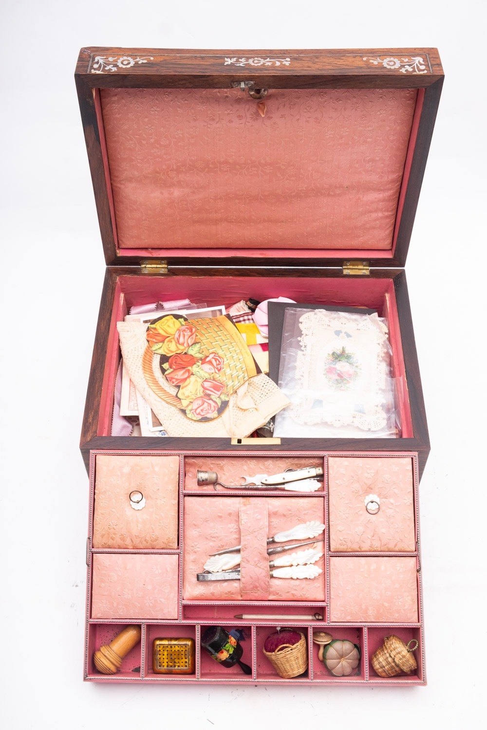 A Victorian mother-of-pearl and rosewood sewing box the lid and front inlaid with a swan and floral - Image 2 of 2