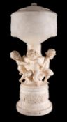 An imposing Italian sculpted alabaster table or pier lamp,