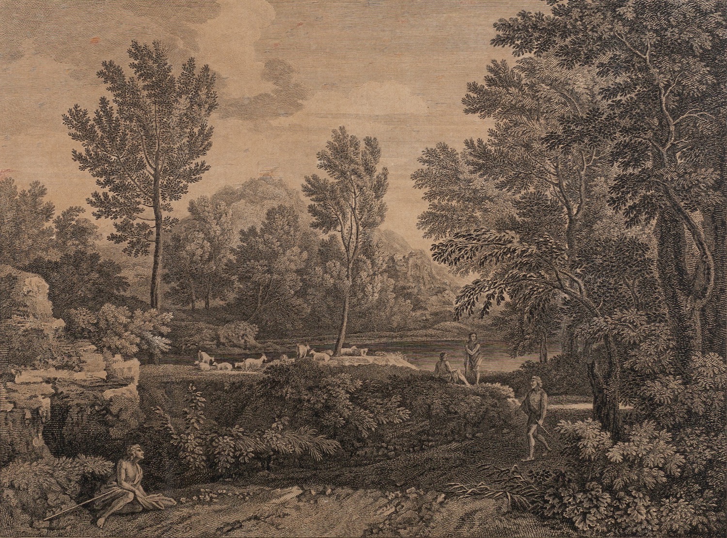 After Gaspard Dughet (French, 1615-1675) Idealised classical landscape with staffage Engraving 29.