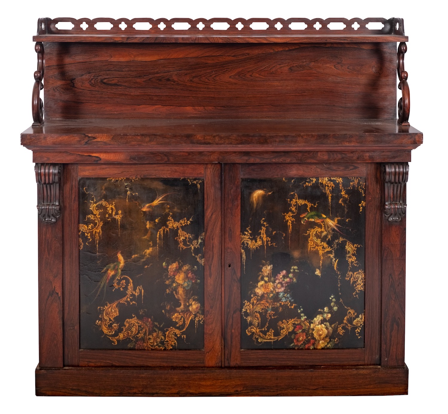 A fine William IV or early Victorian rosewood and parcel gilt papier mâché mounted side cabinet;