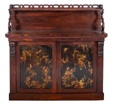 A fine William IV or early Victorian rosewood and parcel gilt papier mâché mounted side cabinet;