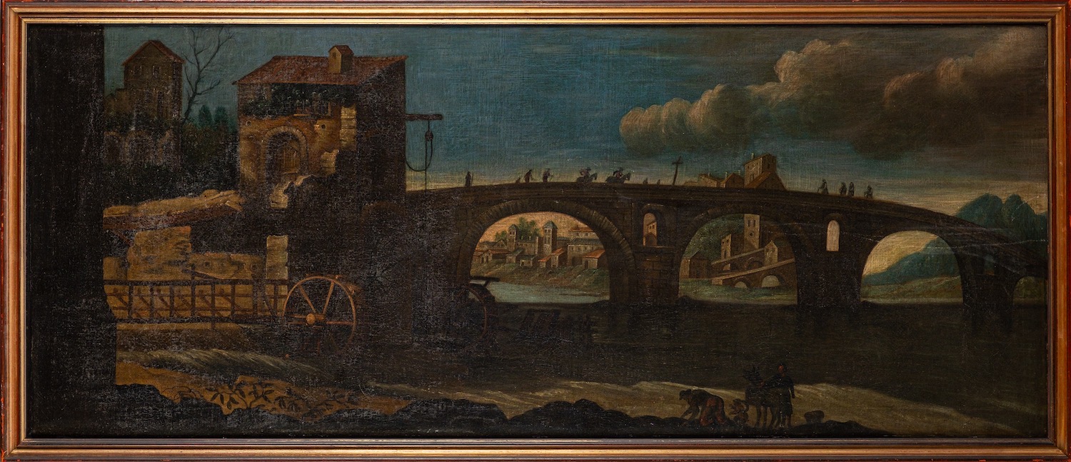 British School (16th Century) An architectural capriccio with a historical scene Oil on canvas 43. - Image 2 of 2