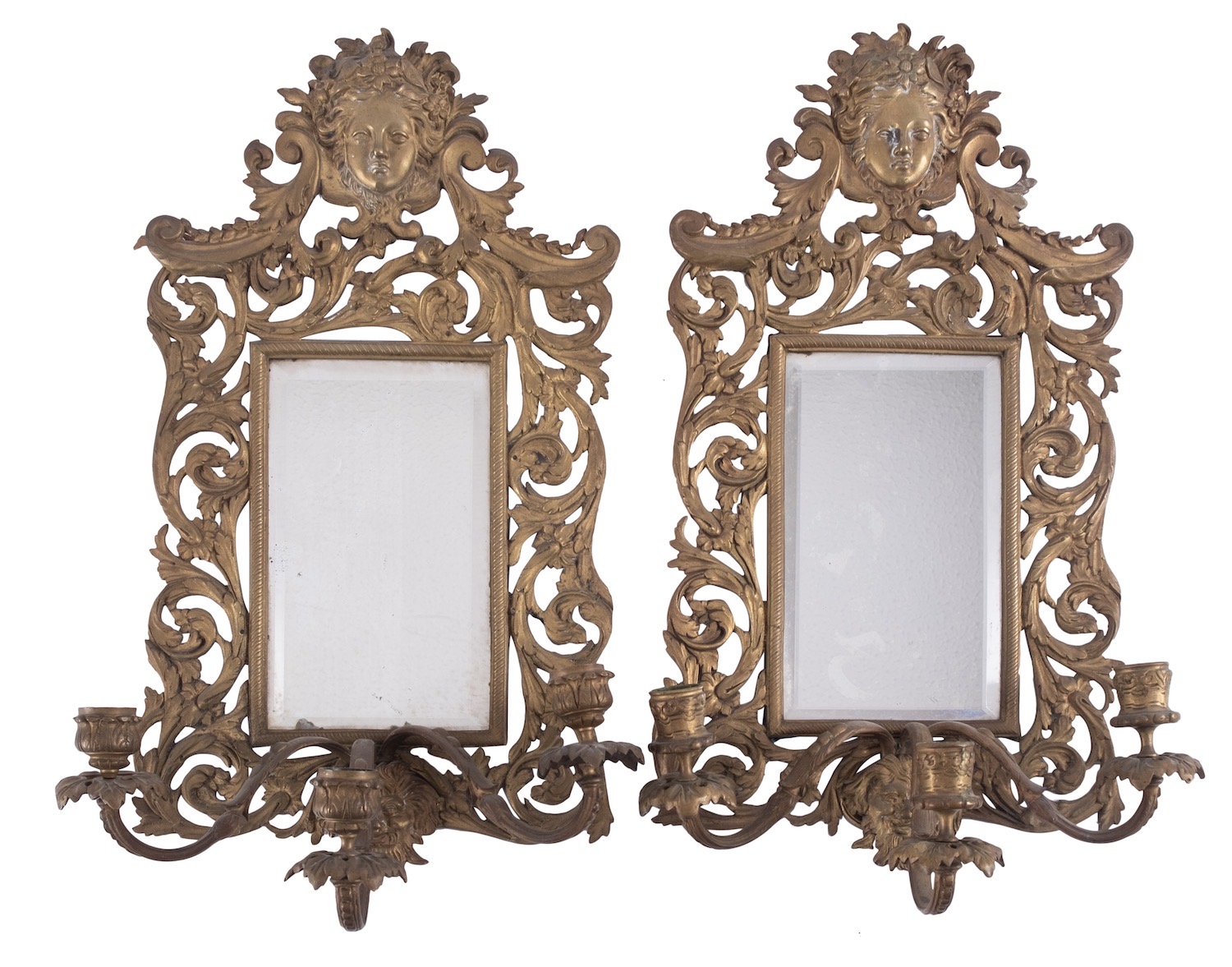 A pair of gilt metal three light girandoles in Louis XV style,