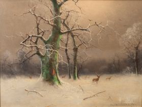 Nils Hans Christiansen (Danish, 1850-1922) Deer in winter forest Oil on board 28.
