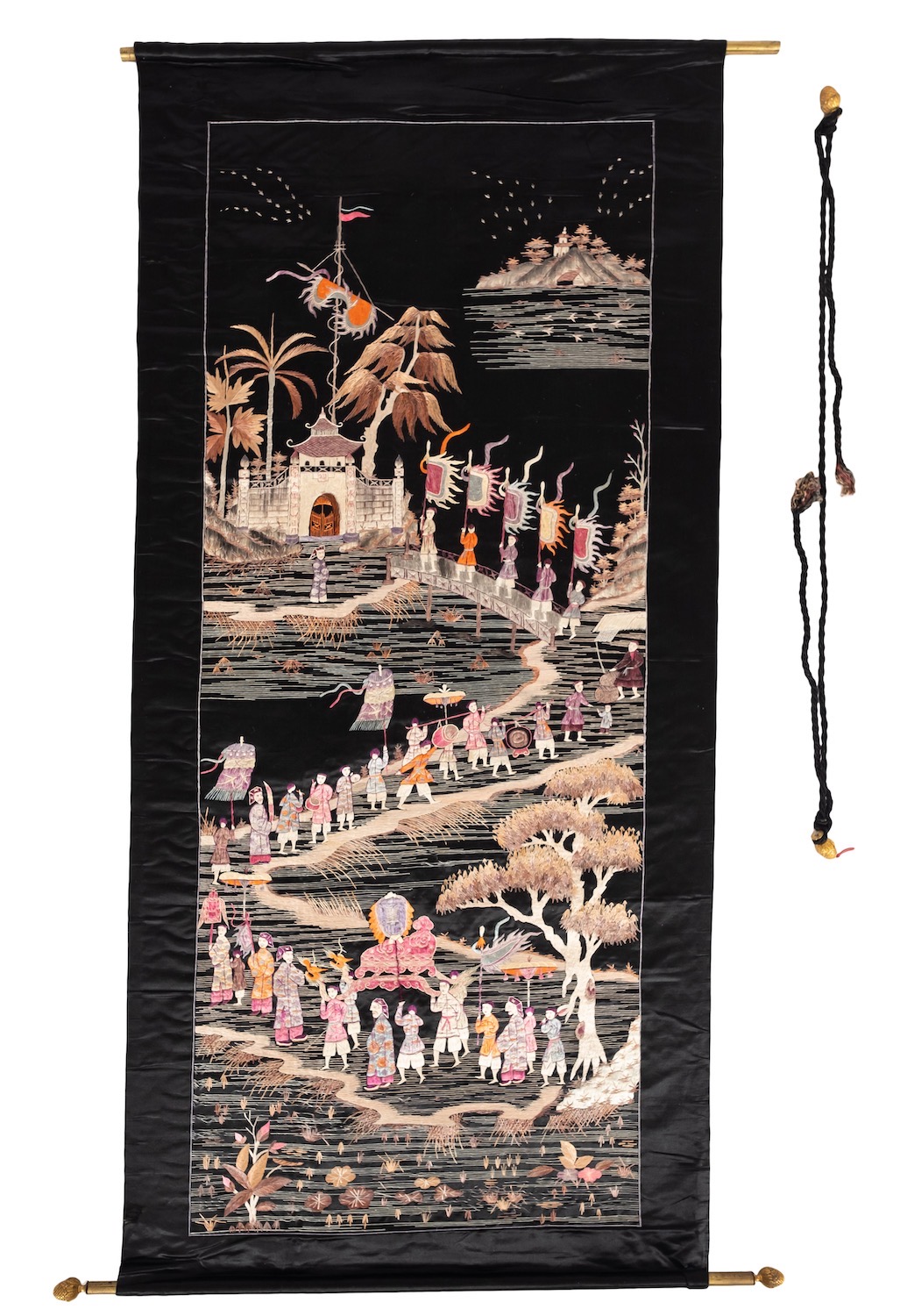 A Chinese embroidered silk work hanging,