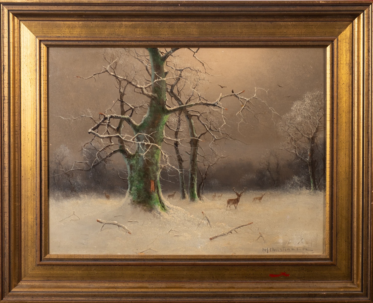 Nils Hans Christiansen (Danish, 1850-1922) Deer in winter forest Oil on board 28. - Image 2 of 2