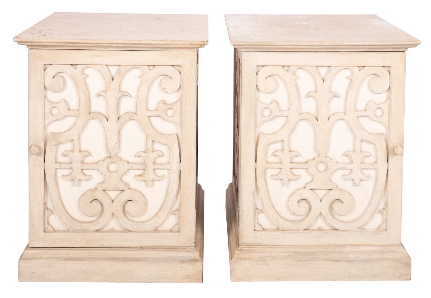 A pair of painted wood and fibreboard pedestal cupboards,