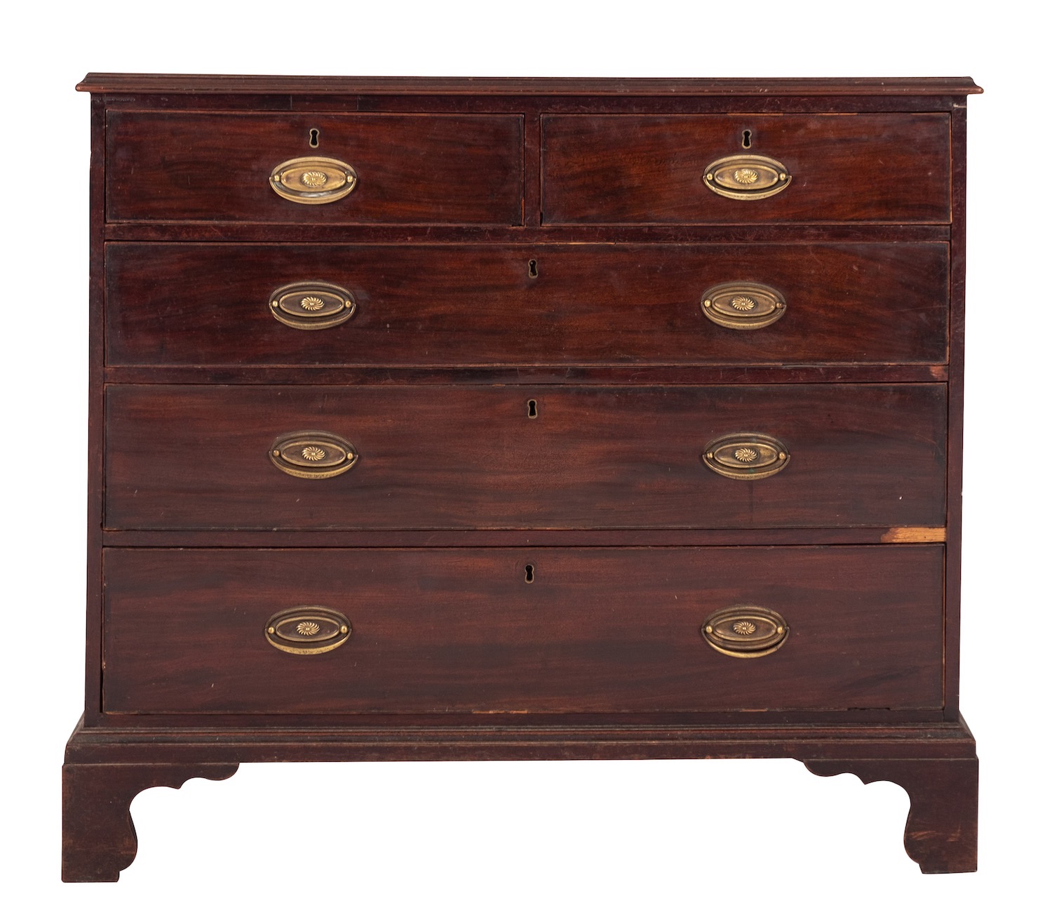 A George III mahogany chest of drawers, late 18th century; the top with moulded edges,