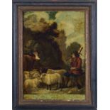 A late George III reverse painted mezzotint under glass print 'The Contented Shepherd' after David