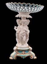 A Minton bone china and parian tazza/centrepiece decorated in turquoise enamels and gilt,