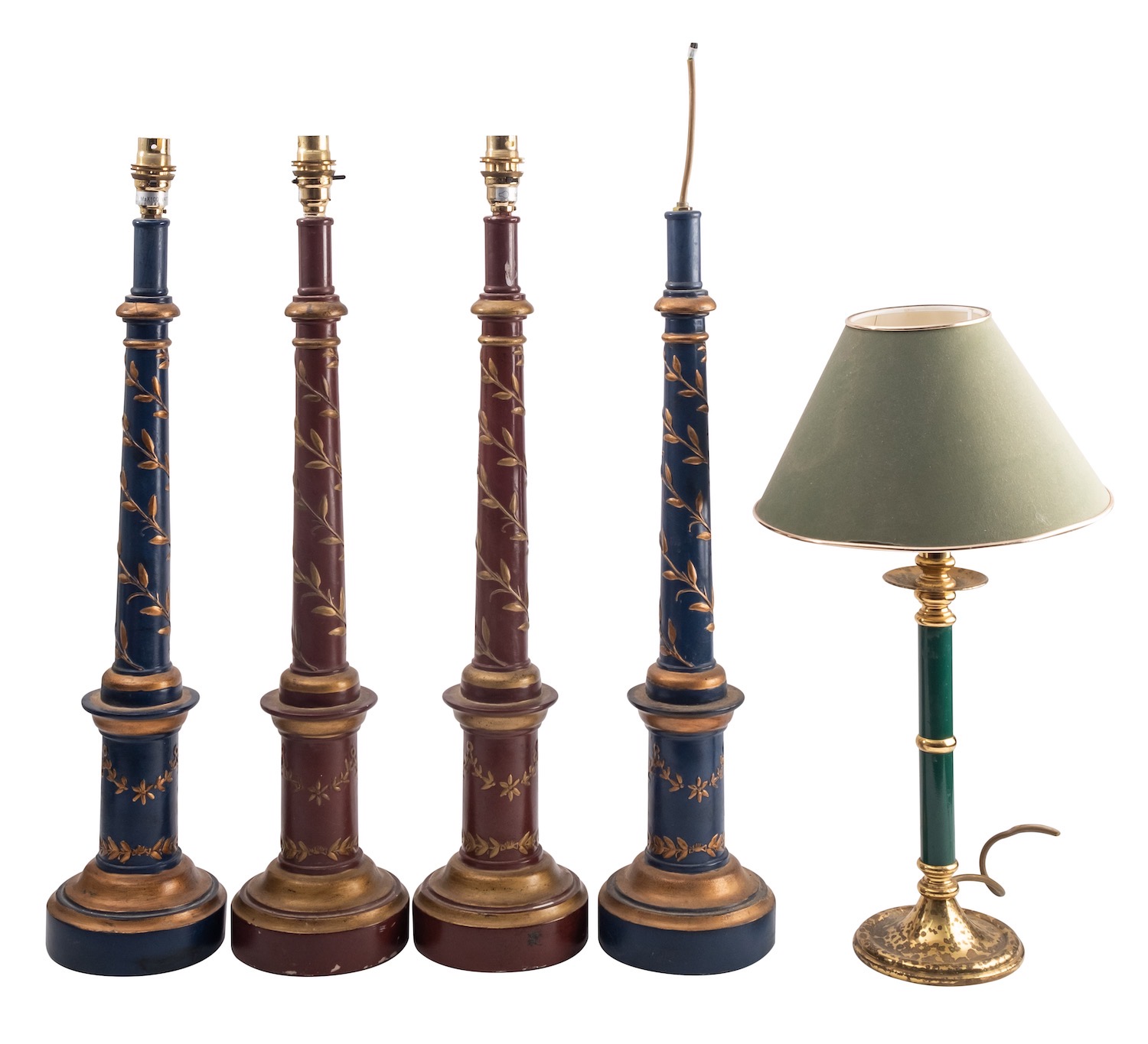 Two pairs of painted and parcel gilt columnar table lamps, modern; one pair brick red,