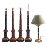 Two pairs of painted and parcel gilt columnar table lamps, modern; one pair brick red,