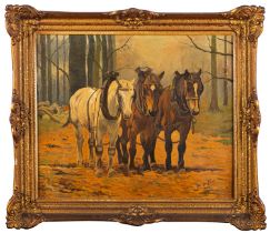Jean De Jonghe 'Working horses' Oil on