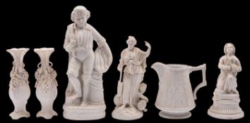 A mixed group of Parian, comprising a pair of vases the shoulders moulded with fruiting vine,