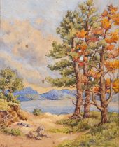 British School, 19th Century Trees by a lake with mountains beyond Watercolour 27.5 x 22.