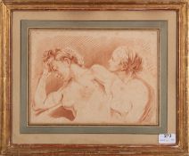 A sepia tone print of two seated nudes,