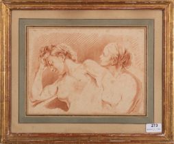 A sepia tone print of two seated nudes,