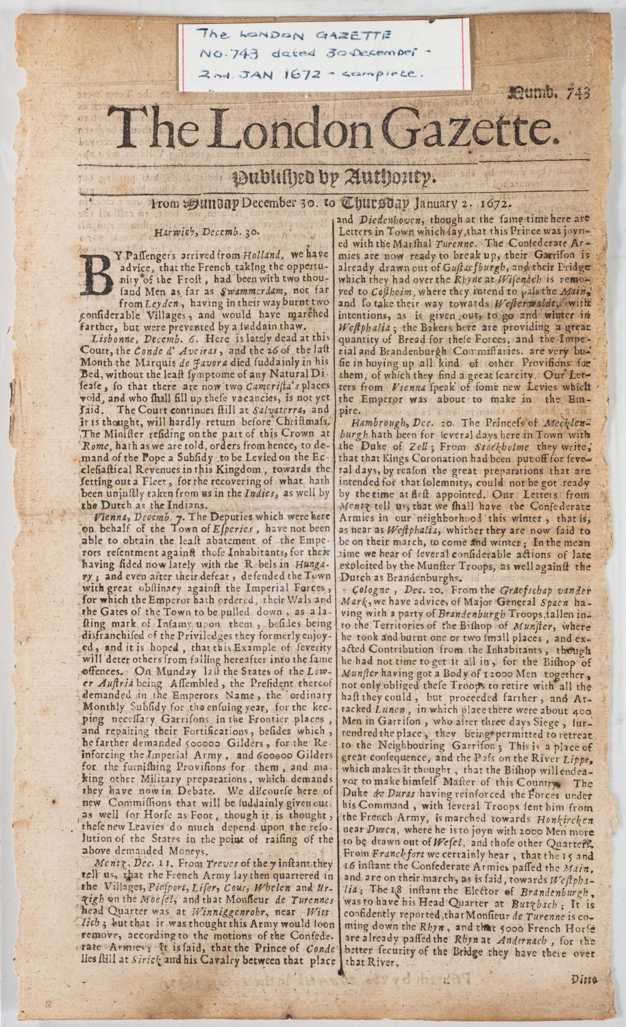 LONDON GAZETTE. No. 743, December 30 to January 2 1672, 2pp, complete; and No.