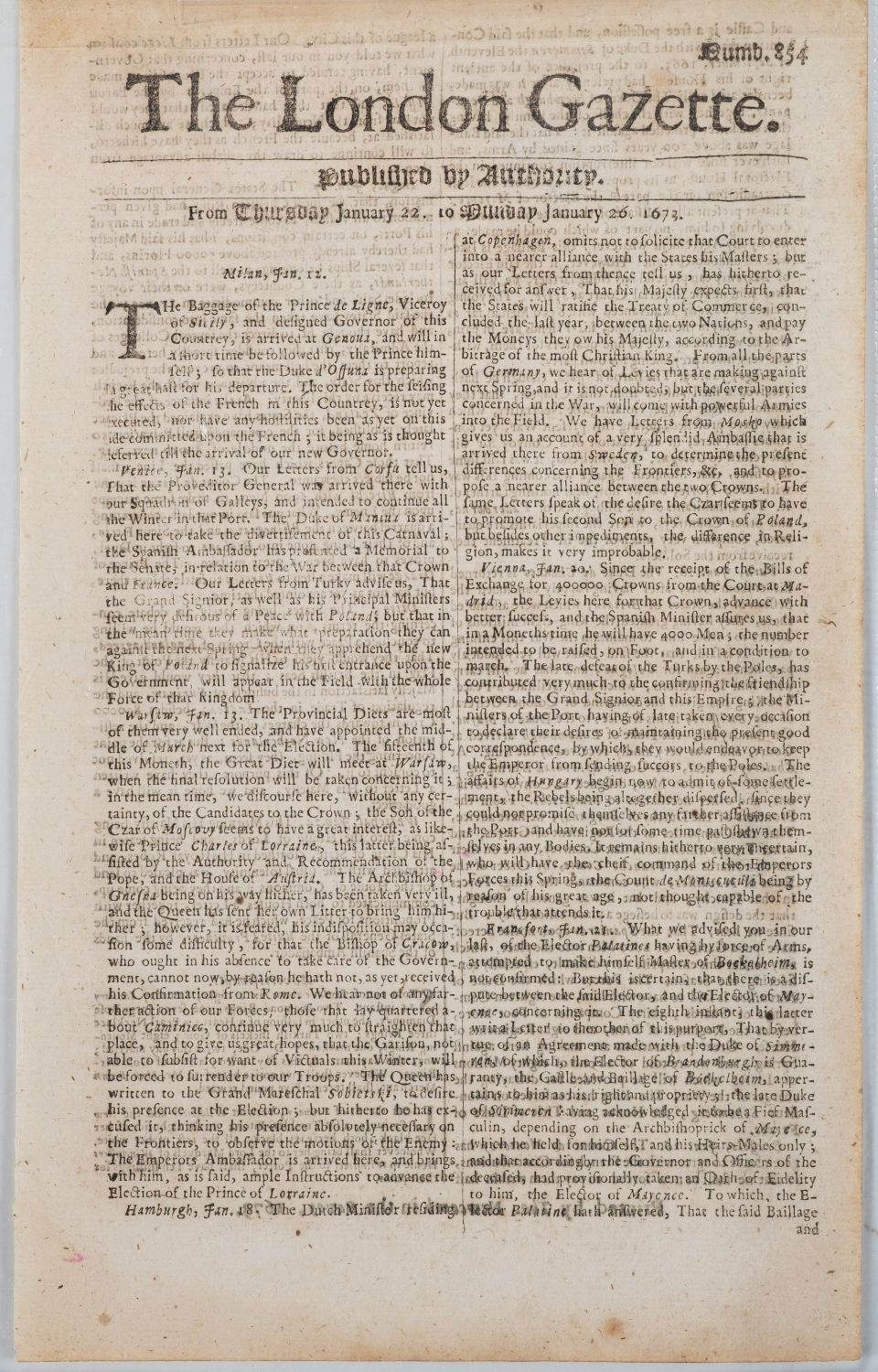 LONDON GAZETTE. No. 743, December 30 to January 2 1672, 2pp, complete; and No. - Image 2 of 2