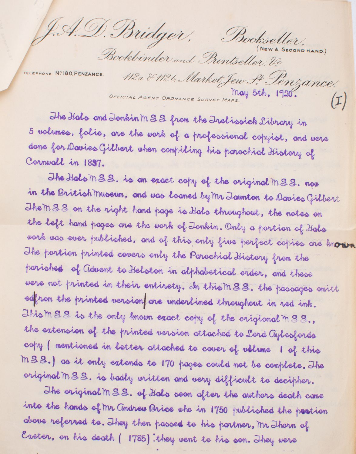 CORNWALL MANUSCRIPT HISTORIES. HALS, William. History of Cornwall, 3 vols., pp. - Image 9 of 10