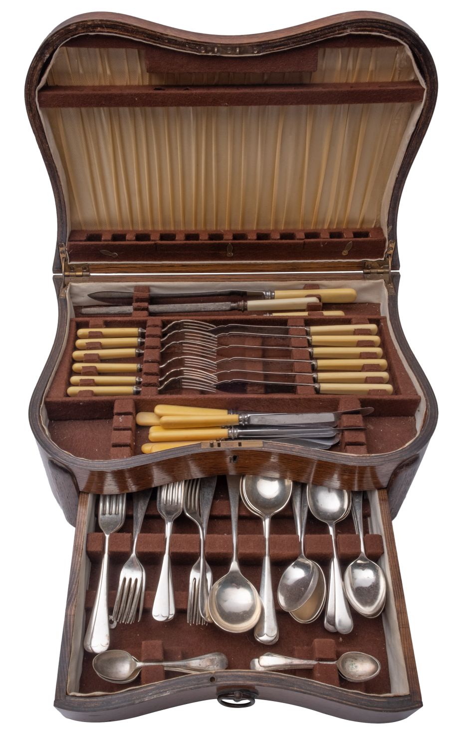 A mid century oak cased canteen of Old English pattern silver plated flatware,
