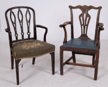 Two mahogany and upholstered elbow chair