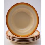 A set of six Clarice Cliff soup bowls, of plain form with orange painted borders.