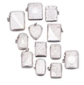 Twelve silver scroll foliate or foliate engraved vesta cases, late 19th or early 20th century,