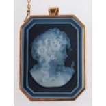 A 9ct yellow gold & blue agate cameo brooch, of a female bust with flower in hair, pendant fitting,