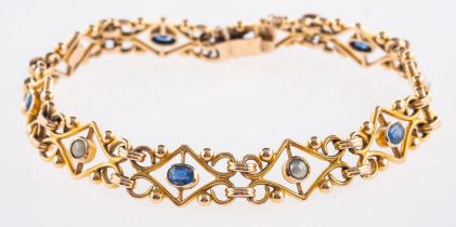 A scroll & openwork link bracelet, set with five oval-cut sapphires and five pearls, push-in clasp,