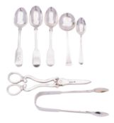 A group of silver flatware comprising: a slip top spoon by Thomas Bradbury & Sons Ltd, Sheffield,