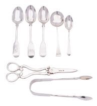 A group of silver flatware comprising: a slip top spoon by Thomas Bradbury & Sons Ltd, Sheffield,