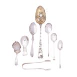 A mixed group of silver flatware comprising:: a George III silver berry spoon by Thomas and William
