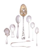 A mixed group of silver flatware comprising:: a George III silver berry spoon by Thomas and William