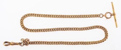 A 9ct yellow gold watch chain, of curb links with a fixed swivel clasp and T-bar, UK hallmark,