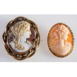 Two cameo brooches, an 18ct yellow gold framed cameo brooch of a female, UK hallmark,
