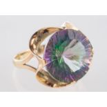 A mystic topaz ring, a circular-cut mystic topaz in an openwork flower style setting, marked 14k,