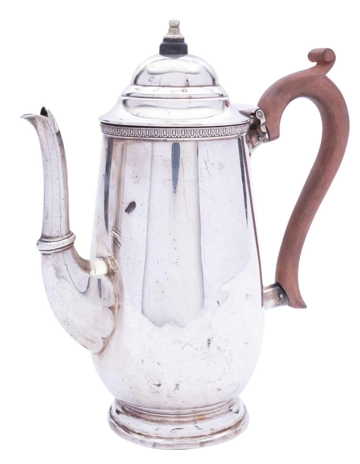 A George V silver coffee pot, maker's mark rubbed, Birmingham 1926, with a domed lid,