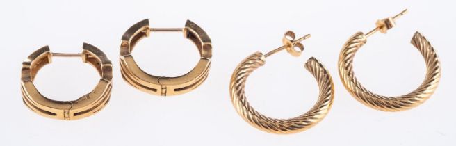 Two pairs of 9ct yellow gold hoop earrings, a pair of 9ct yellow gold rope twist half hoop earrings,