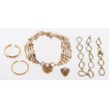 A group of jewellery, including a 9ct yellow gold gate bracelet with heart padlock & safety chain,