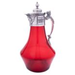 An early 20th century electroplated claret jug, with a ruby glass body, 27cm (10.