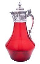 An early 20th century electroplated claret jug, with a ruby glass body, 27cm (10.