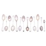 A mixed group of teaspoons comprising: four Fiddle and Thread pattern, four Old English pattern,