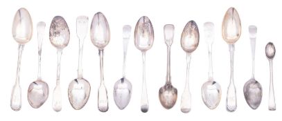 A mixed group of teaspoons comprising: four Fiddle and Thread pattern, four Old English pattern,