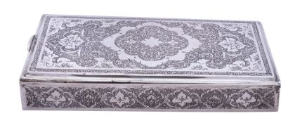 A Persian silver table box, marked 84, of rectangular form, engraved carpet design,