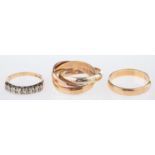 Three 9ct gold rings, including a 9ct three coloured gold Russian wedding band, UK hallmark, size S,