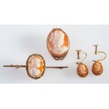 A group of cameo set jewellery including an oval cameo brooch, marked 9ct, 5.