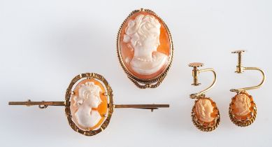 A group of cameo set jewellery including an oval cameo brooch, marked 9ct, 5.