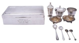 A group of silver comprising: a cigarette casket by Walker and Hall, Sheffield 1937, lined interior,